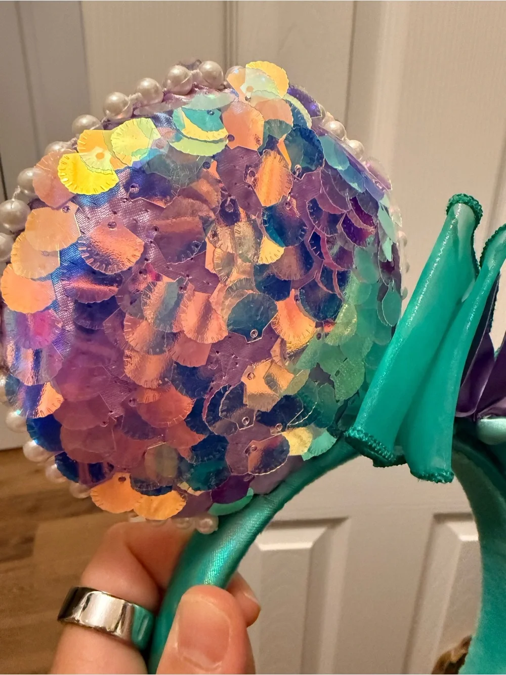 Sequin Disney Little Mermaid Ariel Ear Headband with Green Bow